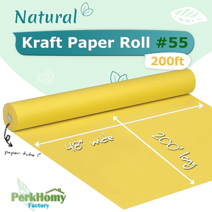 PerkHomy 48" x 2,400" (200') Lemon Yellow Kraft Paper Roll for Craft Bulletin Board Paper Art Table Covering Crafting Gift Wrapping Bouquet Packing Parcel 80GSM 55LB (Lemon Yellow, 48" x 200')