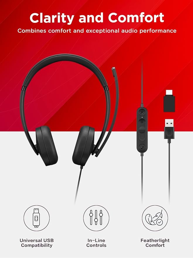 Lenovo 115 USB-A/USB-C Wired Stereo Headset – Lightweight, Noise-Cancelling, in-Line Control Box, USB-A to USB-C Adapter, Over-Ear Design, Headset with Mic for PC and Laptop, Black