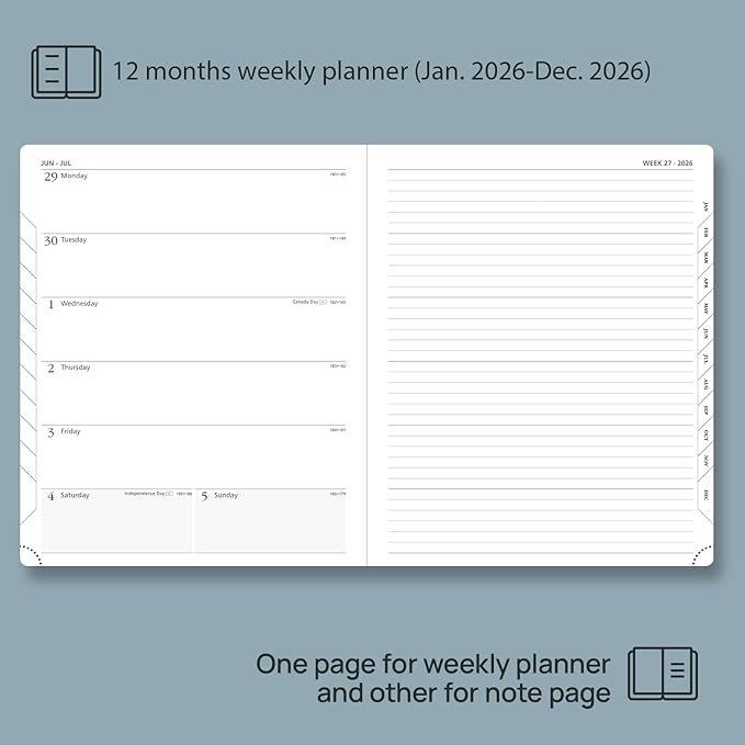 POPRUN Weekly Planner 2026 (Large 8.5" x 10.5") Calendar 12 Months Notebook with Horizontal Layout, Leather Soft Cover, Monthly Tabs, Inner Pocket, 100GSM Thick Paper, Pen Holder - Brown