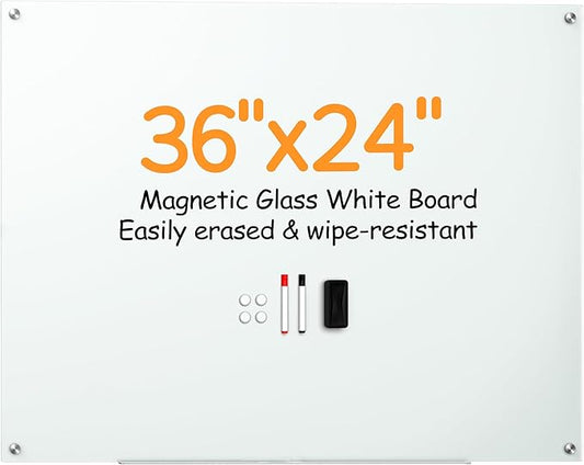 VUSIGN Magnetic Glass Dry Erase Whiteboard, 36" x 24" Frameless Glass Board for Wall Mounted, Durable Whiteboard Includes 4 Magnets, 2 Markers, and 1 Eraser for Classroom, Home, Office Supplies