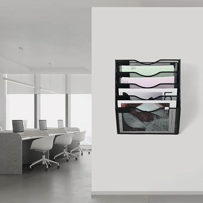Hanging Wall File Organizer with Office Assorted, 5 Pockets Mesh Wall Mounted File Folder Holder for Mail, Paper, Document, Binder, Magazine, Menu (Black)