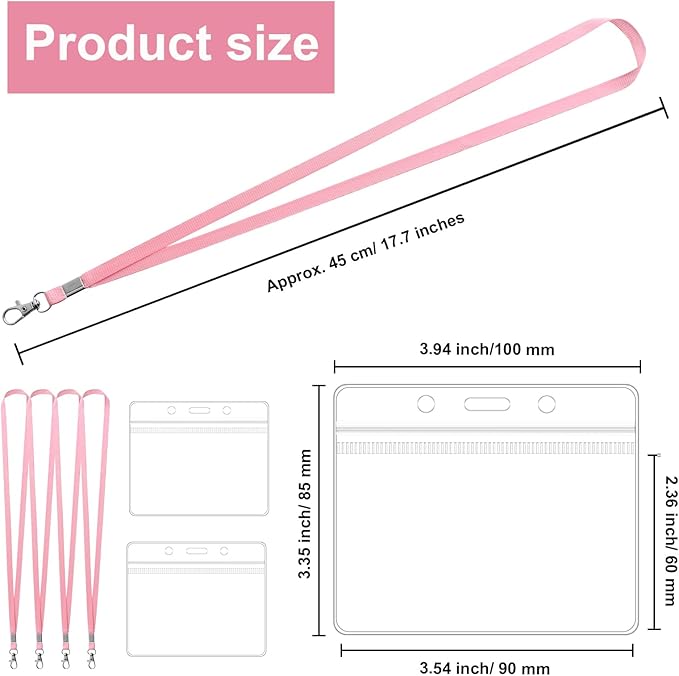 100 Pack Lanyards for ID Badges with Clear Name Tags, Reusable Lanyards Horizontal ID Card Badge Holders Plastic Name Badges for Men Women Kids Business School and Office Supplies (Pink)