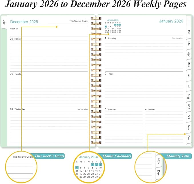 2026 Planner - Weekly and Monthly Calendar Planner from Jan 2026 - Dec 2026, Planner 2026 Spiral Bound with 12 Monthly Tabs, Inner Pocket, Perfect for School Office Supplies, 6.4" x 8.5", Mint