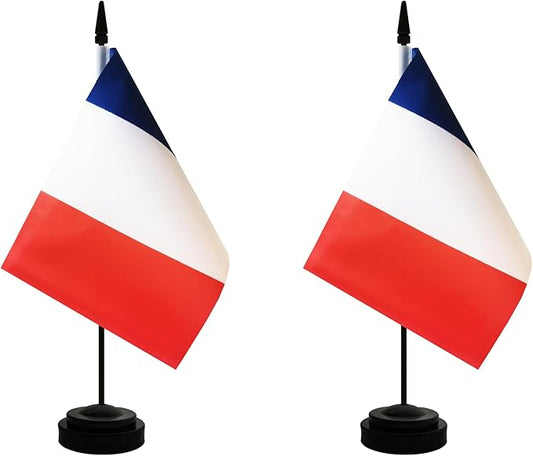 2 Pack France Desk Flag, French Table Office Flag with Solid Pole and Stand Base, International Country Flag, Festival Celebration, Classroom Meeting Desktop Decoration (France)