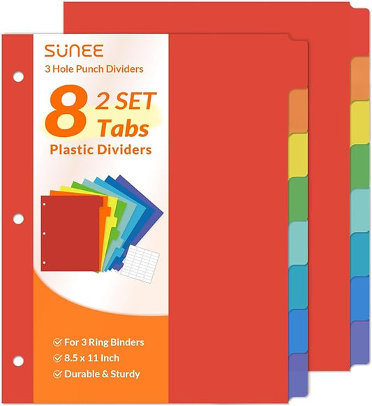 SUNEE 8 Tab Binder Dividers,Plastic Dividers for 3 Ring Binder,3 Ring Binder Dividers with Tabs for School Office Home Supplies,Bright Color, 2 Set