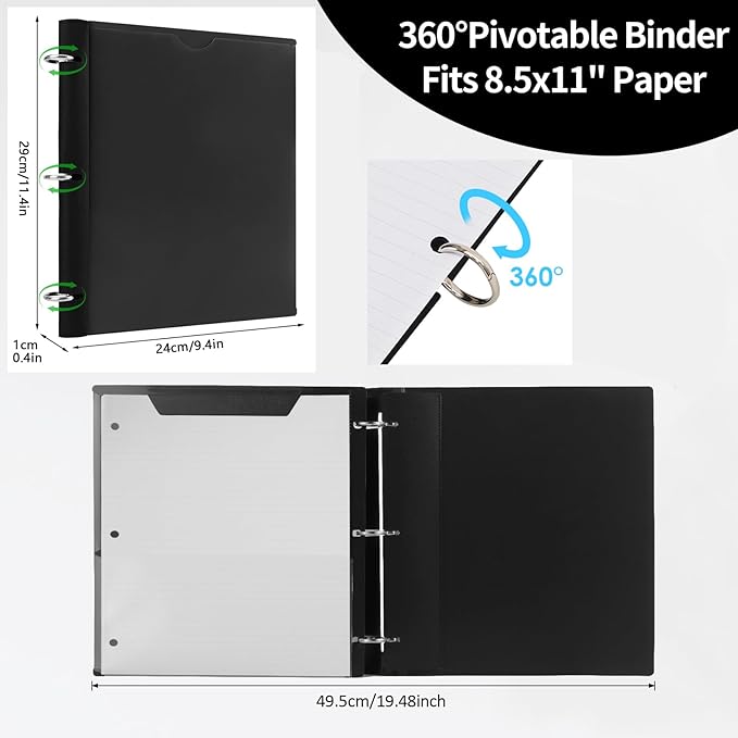360 Degree Pivotable Binder, Upgraded 3 Ring Binder 1 inch 4 Pack, Flexible Binders 3 Ring, Foldable Three Ring Binders- Black, White, Blue, Red