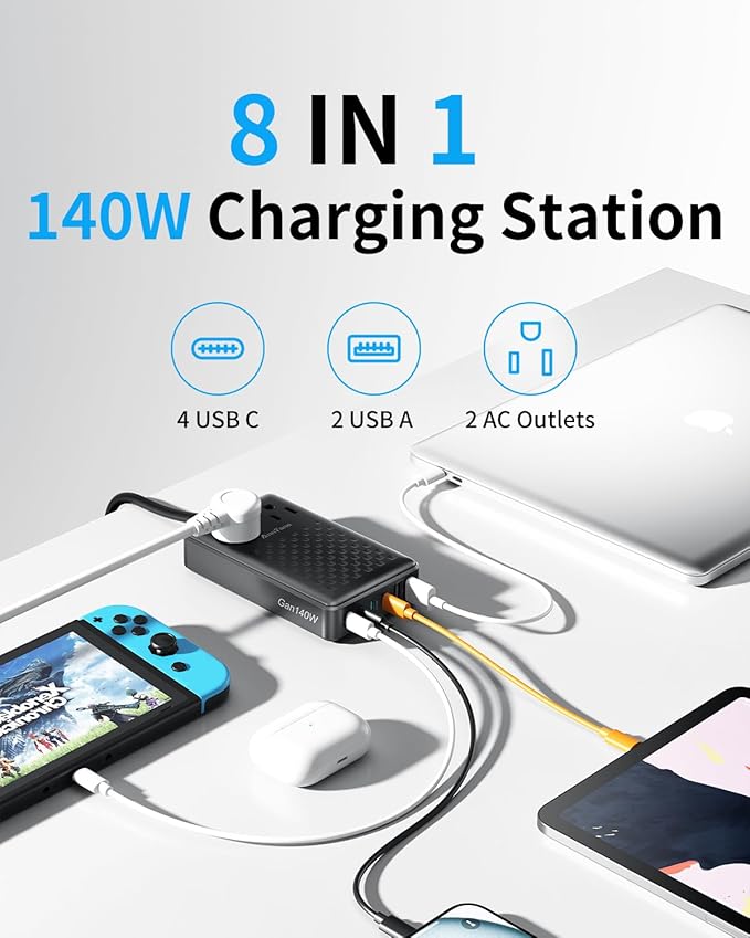 Charging Station 140W USB C Charger Block, Upgraded GaN III 8-in-1 Fast Charging Station Hub，PD 100W Laptop Charger Adapter Compatible with Compatible with MacBook Air/Pro,iPhone16/15,Galaxy S24 etc