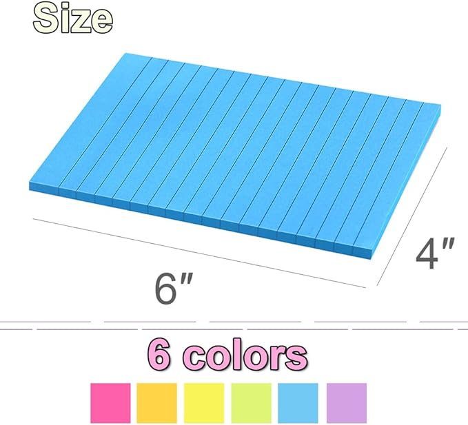 (12 Pack) Lined Sticky Notes 4x6 in Ruled Stickies Super Sticking Power Memo Pads Bright Colors