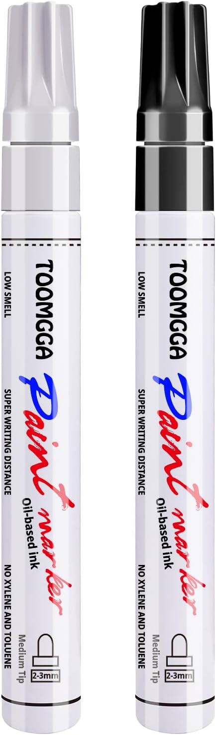 White and Black Permanent Markers Paint Pens-2 Pack Oil Based Paint Markers, Medium Tip, Quick Drying Pens for Wood, Metal, Rock Painting, Mugs, Canvas, Clothes, Plastic Marking