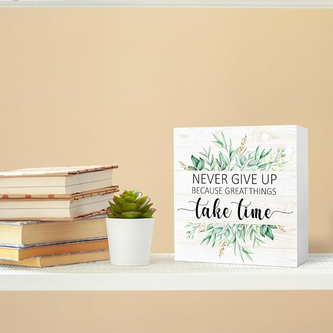Never Give Up Sign Wood Box,Inspirational Quote Wooden Block Sign for Home Office Tabletop Shelf Decor 5" x 5",Motivational Desk Decor Accessories for Women