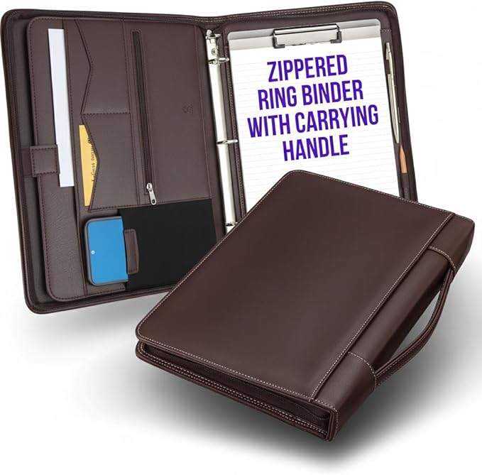 STYLIO Walnut Zipper Portfolio Binder w/Carrying Handle | Removable 3-Ring Binder (1") w/Clipboard Padfolio | Organizer for Documents, iPad, Tablet, Notebook | Business Leather Folder for Men Women