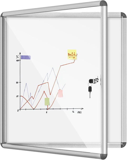 28"x26" Enclosed Bulletin Board, Lockable Weather-Resistant Aluminum Noticeboard for School & Office, Silver Frame w/Magentic Whiteboard