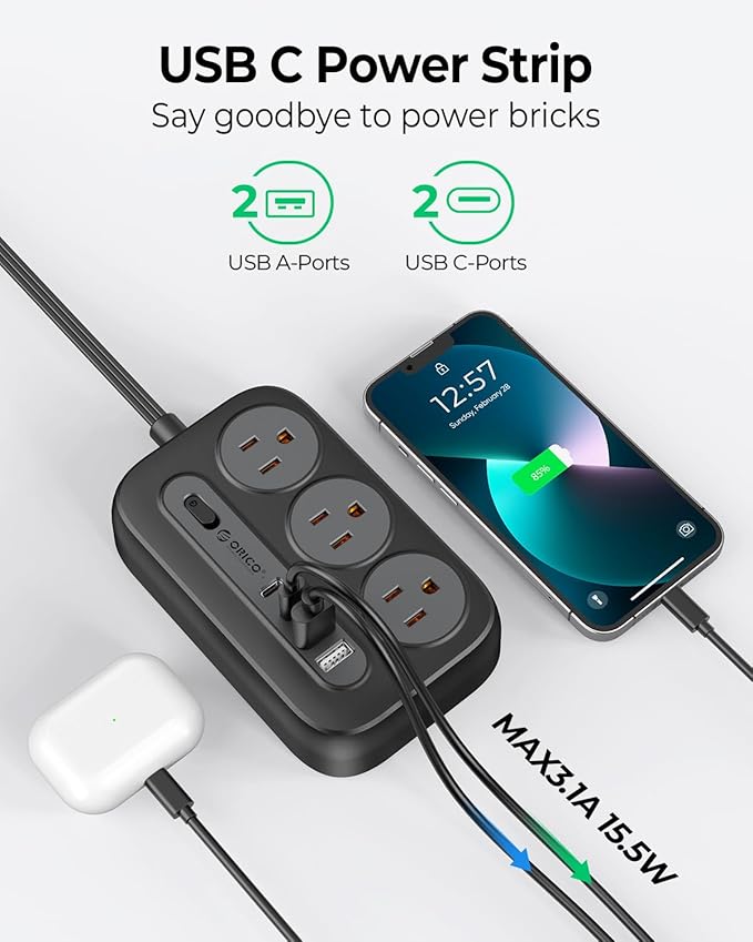 ORICO Surge Protector Power Strip, Multiple Outlets Extension Cord with 6 AC Outlets 2 USB-A and 2 USB-C Ports, 5 ft Flat Plug Power Strip, Mountable Outlet Extender for Dorm/Office/Home- OG