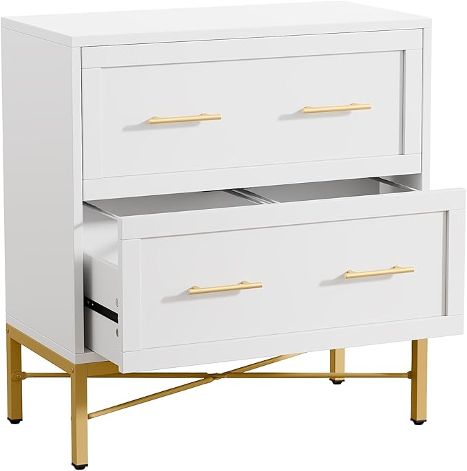 Tribesigns Modern White 2 Drawer File Cabinet, Lateral Filing Cabinet for Letter/Legal/A4 Size, Wood File Storage Cabinets Printer Stand with Storage for Home, Office, White and Gold