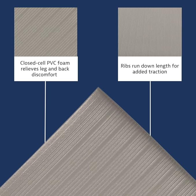 Notrax 410 Airug® 2' x 60' x 3/8" Anti Fatigue Mat, Enhanced Slip Resistance with Beveled Edges and Ribbed Surface, Ideal for Industrial and Commercial Workplaces, Gray, 410R0324GY