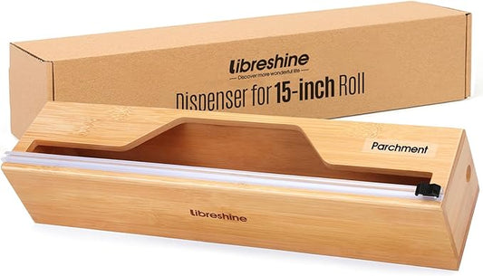 15 Inch Parchment Paper Dispenser with Cutter for Costco-Sized Roll, Bamboo Kitchen Drawer Organizer for Foil & Wax Paper, Wall-Mounted Large Food Wrap Holder