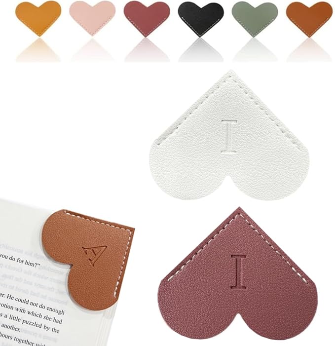 Personalized Leather Heart Bookmark, 26 Letters Customized Corner Book Mark for Reading Women, Book Marker with Initials，Cute Gifts (White+Deep Pink, I)
