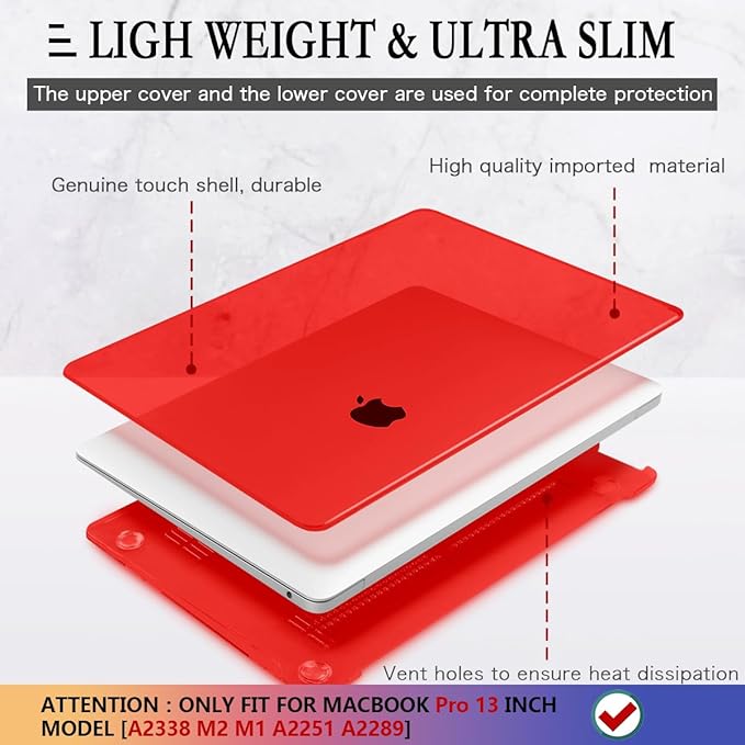 CISSOOK Clear Red Case for MacBook Pro 13 Inch 2025-2020 Release M2 A2338 M1 A2251 A2289 Model, Hard Shell Case with Keyboard Cover +Screen Protector for MacBook Pro 13" with Touch Bar -Clear Red