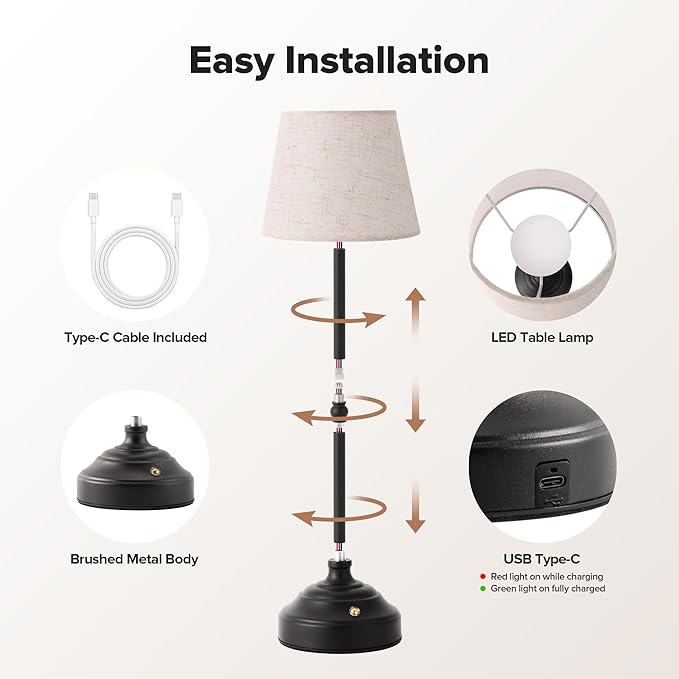 2 Pack Cordless Table Lamp, Rechargeable Desk Lamp with Fabric Shade, Battery Operated Lamp 3 Color Stepless Dimming, Small Touch Bedside Lamp Home Decor for Dining, Counter (Matte Black)