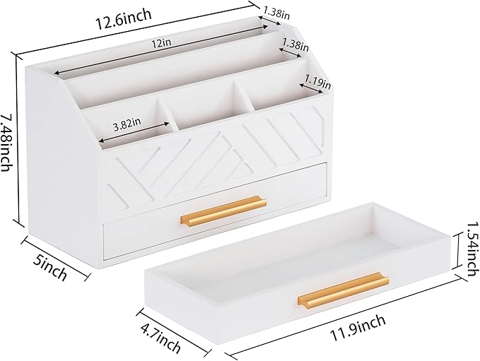 white Wood Desk Organizer and Accessories with Drawer, Bill Mail Organizer and File Mail Holder for Office Supplies, Modern Desk Accessories & Workspace Organizers for Desk Organization