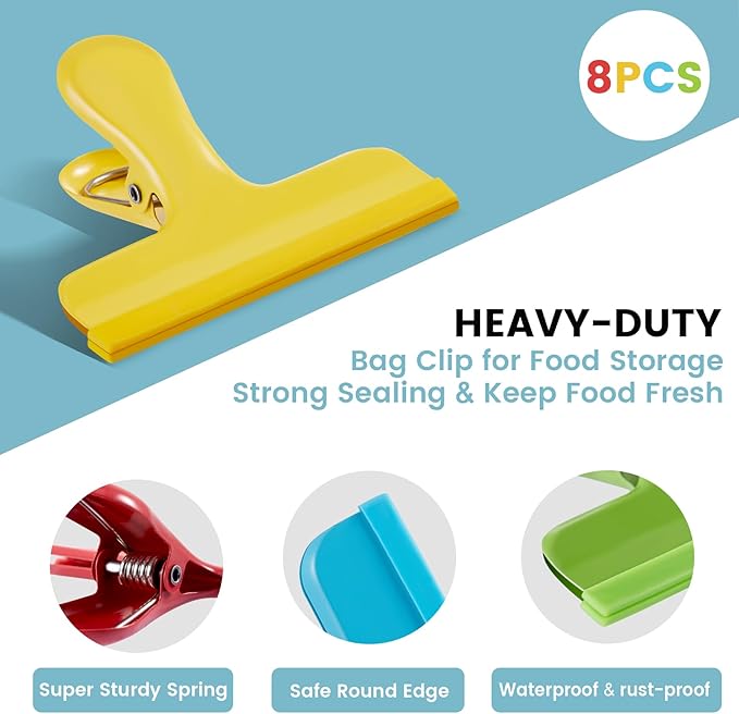 HOUSE AGAIN 8 Pack Stainless Steel Chip Bag Clips Covered with Silicone - NO More Sharp Edges - Color Coded for Food Bags - Air Tight Seal, Heavy Duty, 3 Inches Wide, Red, Yellow, Blue, Green
