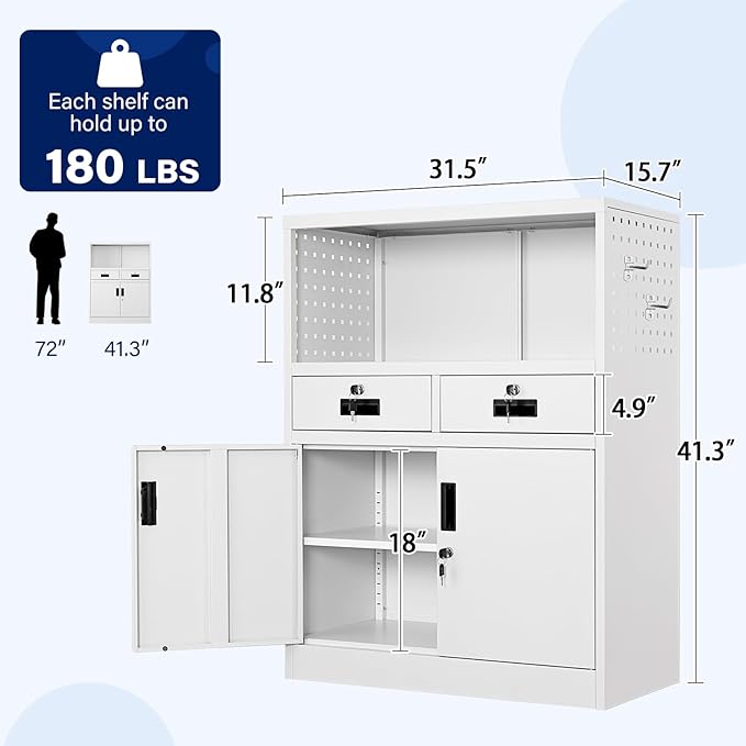 Yizosh Locking Cabinet with 2 Drawers, Metal Storage Cabinet with Locking Doors and Shelves - 41.3" Steel Lockable Storage Cabinet, Metal Cabinet for Home Office, Garage, School (White)