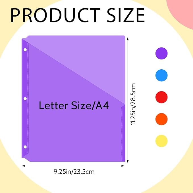 Maitys 50 Pack Binder Pockets 3 Hole Punch Clear Plastic Document Folders Binder Organizer Store Letter Size 8.5x11 Inch Paper Folders with Pockets Slash File Jacket for Office (Multicolor)