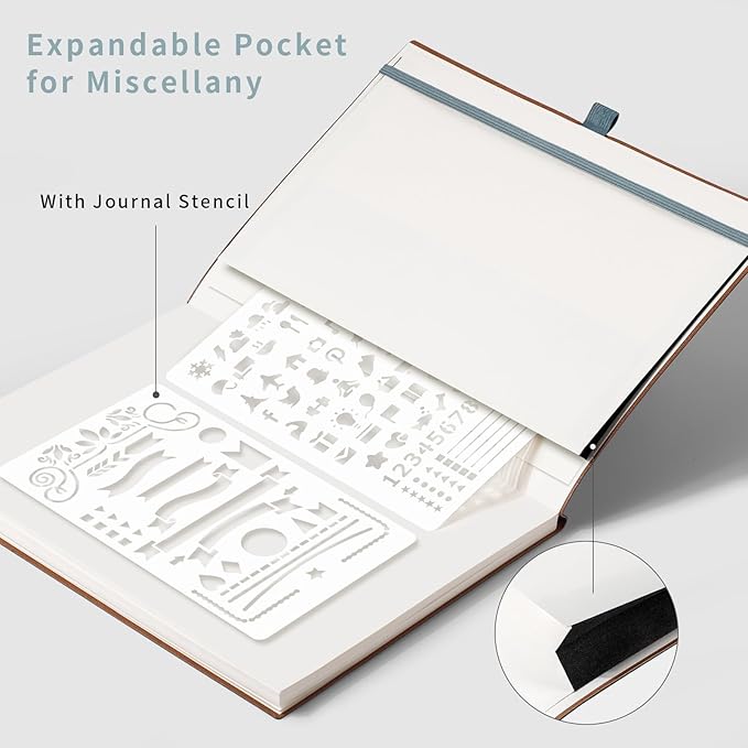 AHGXG Bullet Dotted Journal - Dot Grid Notebook Journal, 120 GSM Thick Acid-Free Paper, Large B5 Dotted Notebook 96 Pages, Leather Softcover, Inner Pocket, Journal Stencil, 7.6'' X 10'' - Gray Blue