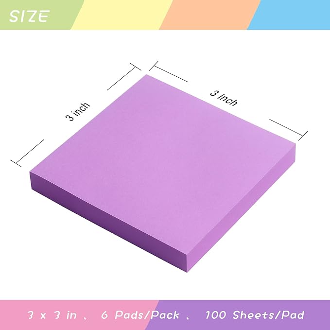 Sticky Notes 3x3 Self-Stick Notes Pads with 6 Bright Colors, Easy to Post for Office, School, Home, 6 Pads/Pack, 100 Sheets/Pad (Purple)