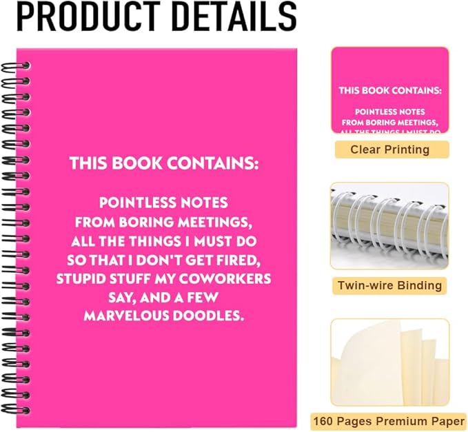 Pointless Notes from Boring Meetings Funny Rose Red Golden Spiral Notebook, Humorous Office Gifts, Gag Gifts for Coworkers, Funny Office Sarcastic Gifts for Coworkers,Team Members, Employees