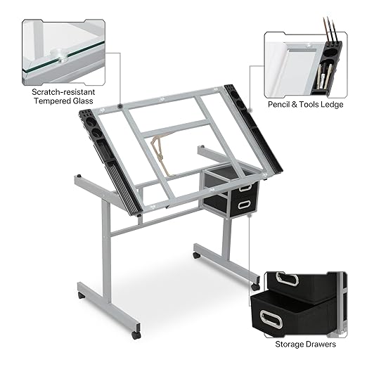 MoNiBloom Drafting Table on Wheels with Storage & Side Tray - Adjustable 0-65° Glass Tabletop, Replaceable Feet Art Desk