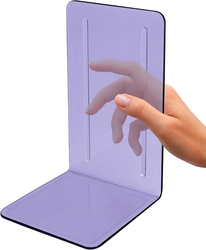 Acrimet Bookends 1 Pair, Clear Plastic Bookends for Shelves or Desktop, Book Holder for Home, Office, Library, School (Clear Purple Color)