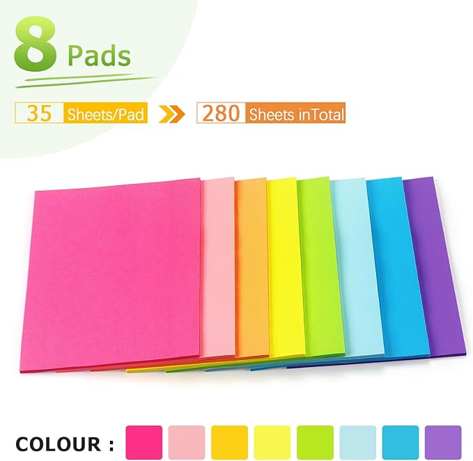 Sticky Notes 8x6 inch Bright Colors Self-Stick Pads 8 Pads/Pack 35 Sheets/Pad Total 280 Sheets