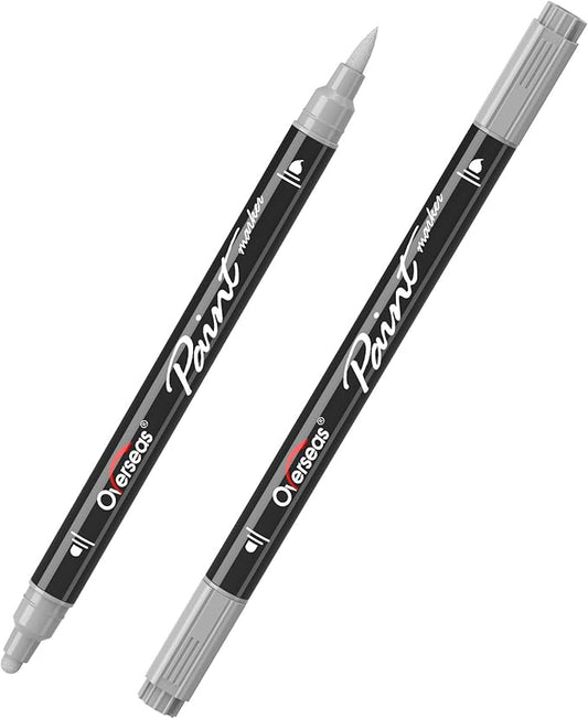 Overseas Silver Acrylic Paint Markers, 2 Pack Dual Tip Paint Pens Acrylic Markers with Dot and Brush Tip, No Bleeding Coloring Marker for Wood, Rock, Canvas, Glass, Metal, Ceramic, Plastic, Fabric