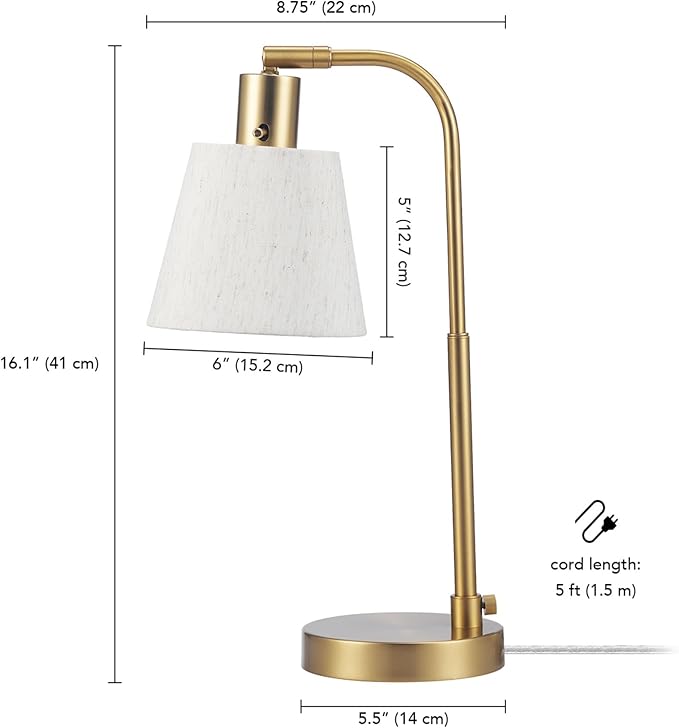 GLOBE Electric 61000057 16" Desk Lamp, Matte Brass Finish, White Shade, Adjustable Pivot Joint, Rotary Switch on Socket, Modern Lighting for Bedroom or Office, Indoor Lights, E26 Base