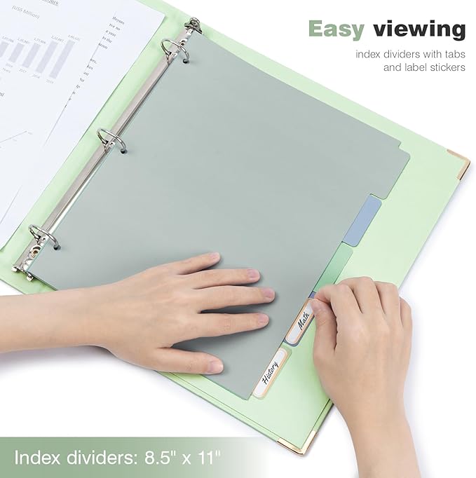 Ospelelf Binder 3 Ring 1 Inch, Green Plain Round Ring Clipboard Binder for Letter Size Paper with 5 Tab Dividers, for School and Office Essential Supplies