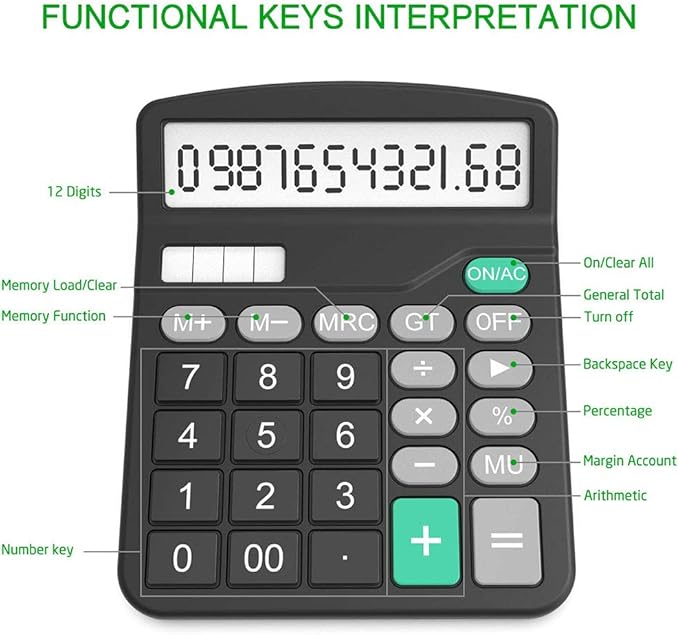 YOUHO Solar Battery Calculator, Dual Power Standard Function with Large LCD Display, Black (NO Battery) (KK-837B, 1PACK)