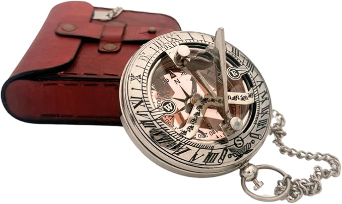 Vintage Brass Sundial Compass with Leather Case - Antique Brass & Copper Sun Clock for Camping, Hiking, Touring - Engraved Gift for Him - Silver Large Compass Viking Pendant Necklace for Men