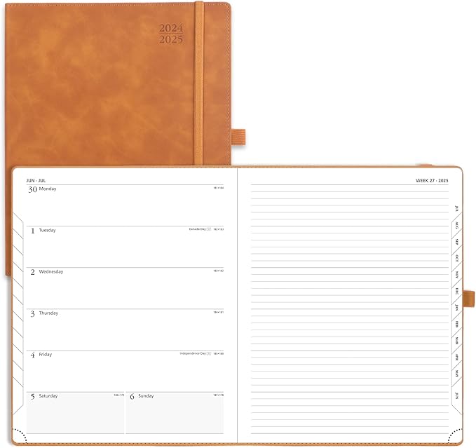 POPRUN Planner 2025-2026 Weekly Notebook (Large 8.5''x 10.5'') Academic Calendar (JUL.25 - JUN.26) Appointment Book with Monthly Tabs, Leather Soft Cover, Inner Pocket, 100 GSM - Brown