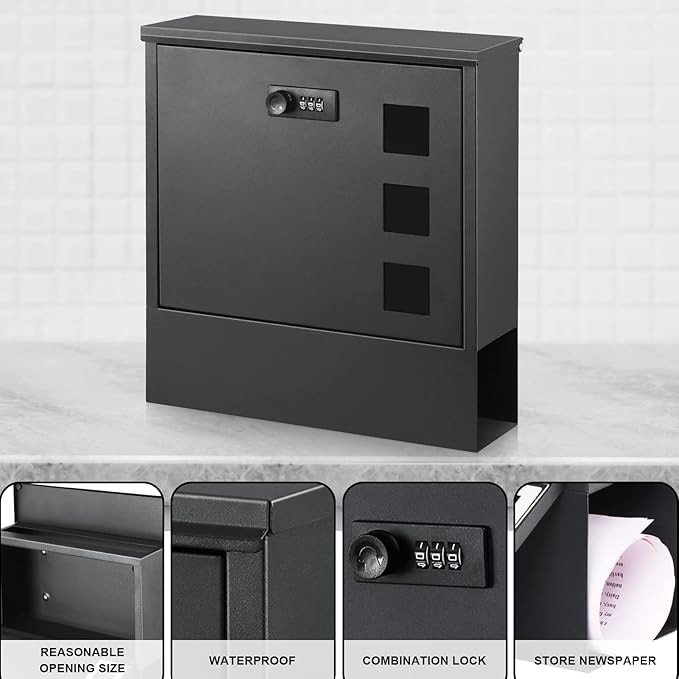 xydled Mailbox with Combination Lock,Large Capacity Wall Mounted Locking Security Mailbox,Large Mail Box with Newspaper Compartment, Black,12.8x11.8x3.3 Inch