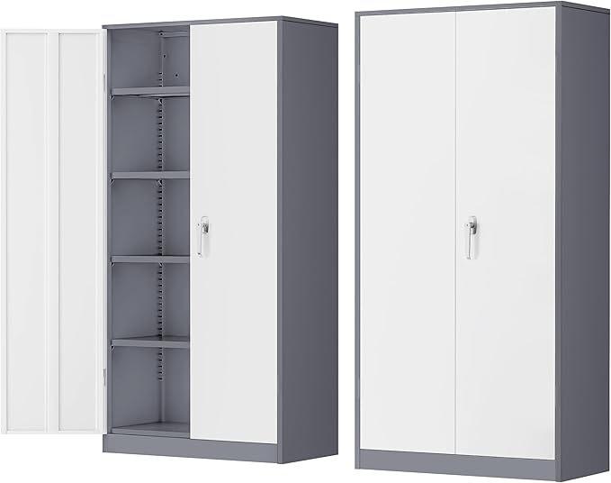 INTERGREAT Garage Storage Cabinets with Doors and Shelves,72" Grey White Steel Tool Locking Cabinet, Metal Storage Cabinet for Home Office, Warehouse, School