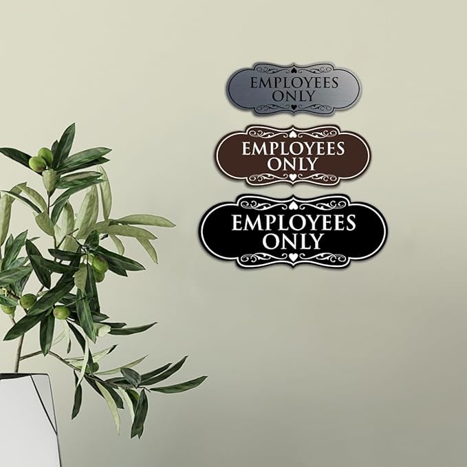 Designer EMPLOYEES ONLY Sign | Easy Installation | Office or Business Signs | Workplace Safety - Ivory/Dark Brown - Small (5 Pack)