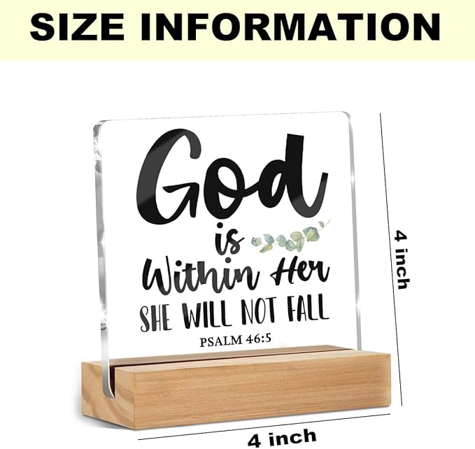 God is within Her Bible Verse Christian Gifts for Women Men Coworkers Friends, Motivational Quotes Psalm 46 : 5 Desk Decor Acrylic Sign 4x4 Inch, Positive Affirmations Desk Accessories Signs