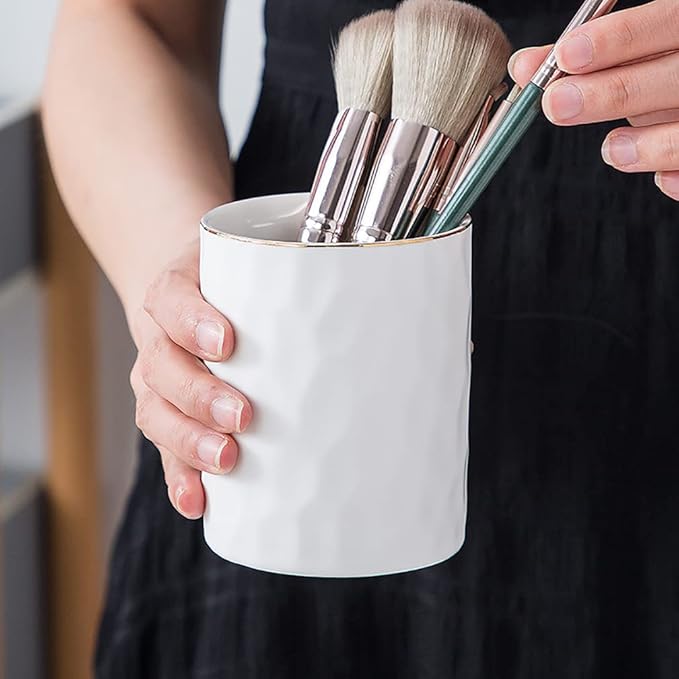 Ceramic Pen Holder Stand Cup Pencil Holder Organizer Makeup Brush Holders for Home Office Desk (White)