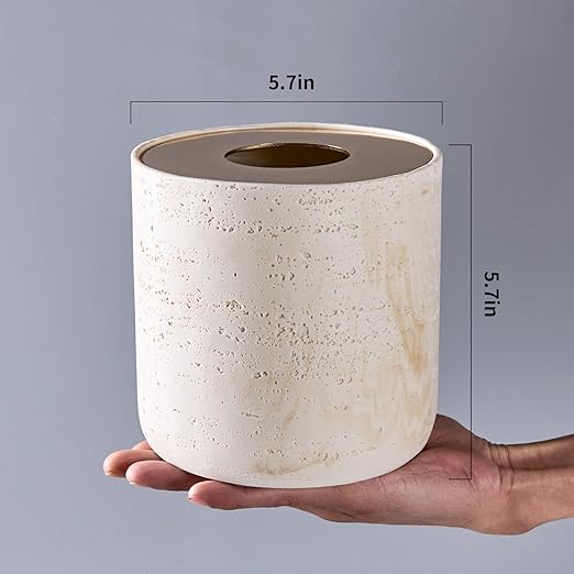 Natural Travertine Textures Mini Trash Can with Rose Gold Stainless Steel Lid, Mini Countertop Trash Can for Bathroom Kitchen, Desk or Table top Mini Garbage Can, Resin Tiny Waste Basket for Vanity
