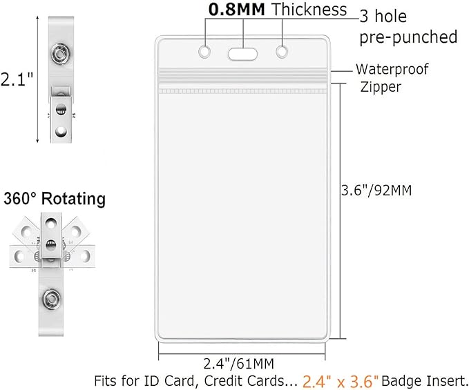 Vertical ID Badge Holder with Clip and Straps Heavy Duty Waterproof Ziplock Clear Plastic Name Tag Holder PVC ID Card Holders by ZHEGUI (25 Pack, Vertical 3.5X2.3)
