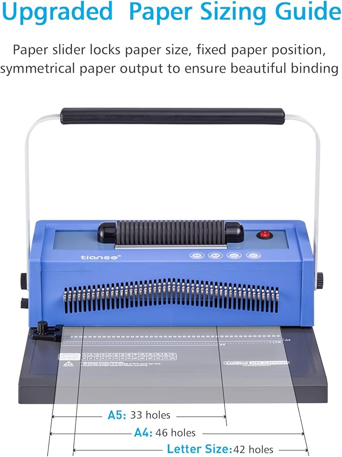 TIANSE Spiral Coil Binding Machine, Manual Book Maker Punch Binder with Electric Coil Inserter, Disengaging pins, Adjustable Side Margin, Comes with 100pcs 5/16'' Plastic Coil Binding Spines & Plier