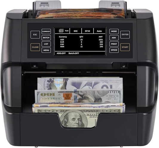 NUCOUN VC-3 Money Counter Machine Mixed Denomination, Value Counting, CIS/UV/IR/MG/MT Counterfeit Detection, USD/Euro/CAD/MXN, Printer Enabled Bill Cash Counter for Business