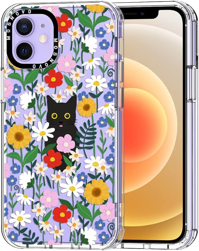 MOSNOVO Case for iPhone 12 & iPhone 12 Pro, [Buffertech 6.6ft Military-Grade Drop Protection] [Anti Peel Off Tech] Clear TPU Bumper Phone Case Cover Design - Black Cat in Garden