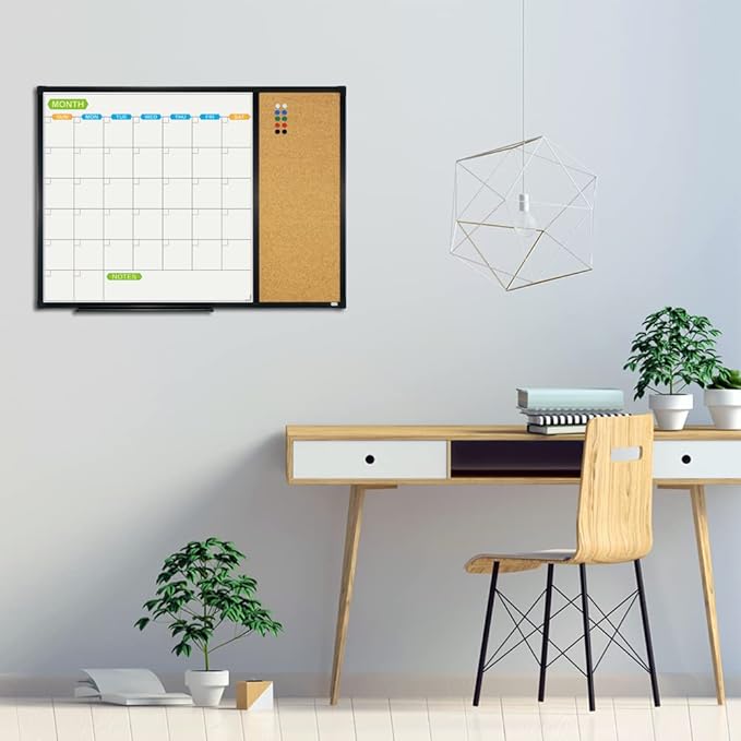 JILoffice Magnetic Calendar Whiteboard & Bulletin Corkboard Combination, Combo Board 28 x 20 Inch, Black Aluminum Frame Wall Mounted Board for Office Home and School with 10 Push Pins